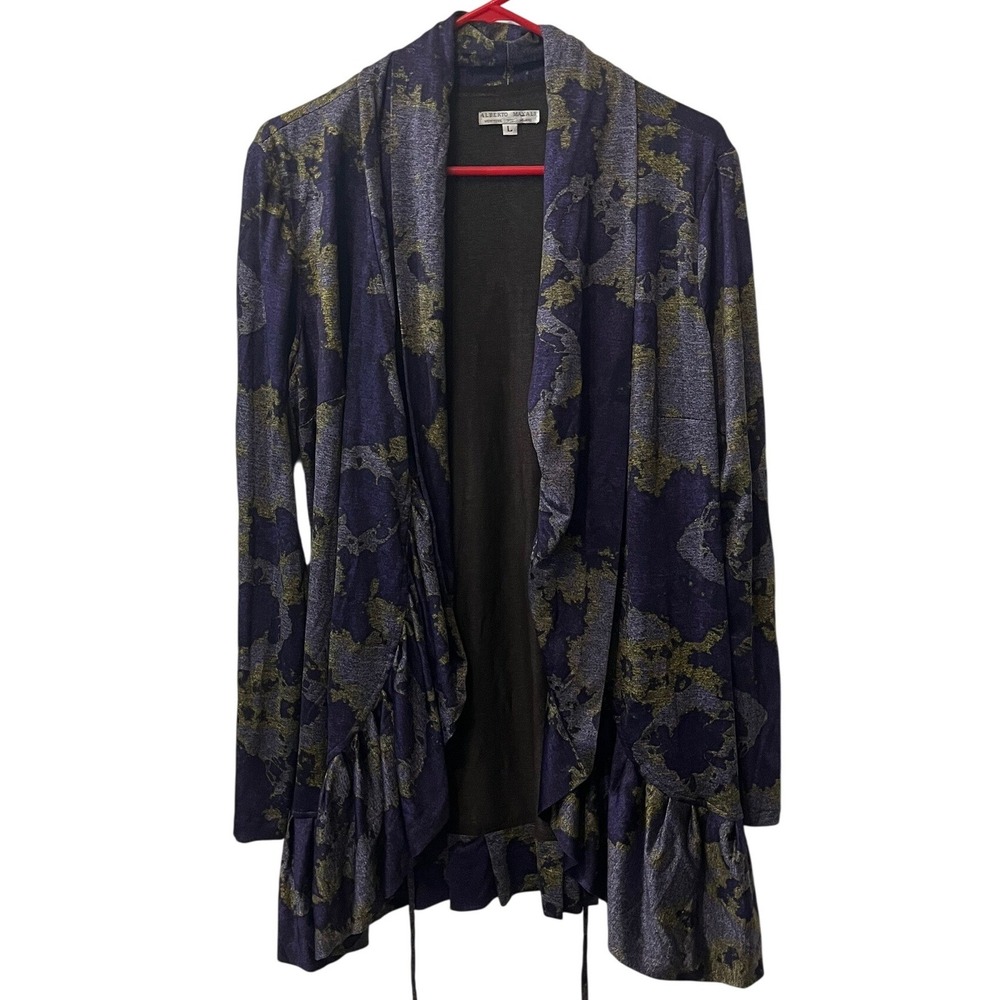 Alberto Makali Cardigan Womens Large Purple Gold Abstract Ruffle Open Front Wrap